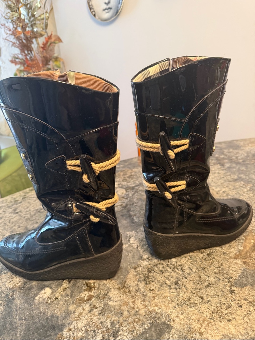Burberry Black Patent Mid-Calf Boots with Rope Accent